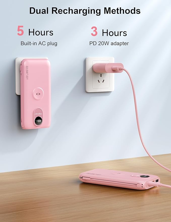 Portable Charger, 10000mAh 22.5W USB C Power Bank Built in Cables, AC Wall Plug and Led Display, External Battery Pack Fast Charging, Travel Essentials for iPhone, Android Cell Phone, Tablet, iWatch