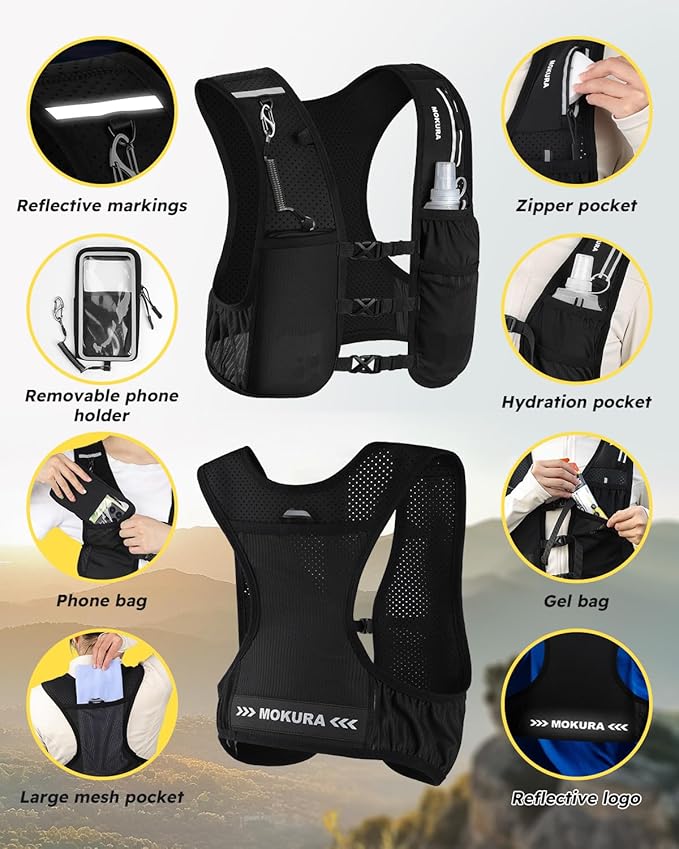 MOKURA Running Vest for Women Men, Reflective Hydration Vest with 500ML Soft Flask and Phone Holder, Adjustable Running Backpack, Lightweight Run Pack Water Bottle, Runner Marathon Essentials