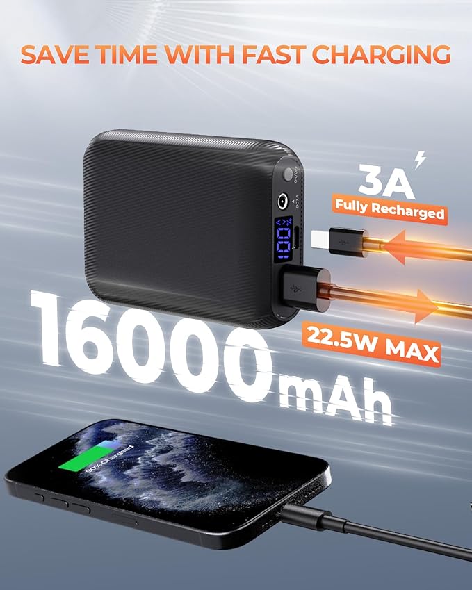 𝟳.𝟰𝗩/𝟱𝗩 𝟭𝟲𝟬𝟬𝟬𝗺𝗔𝗵 Heated Vest Battery Pack, Power Bank with USB/Type-C/DC (3.5/3.8/4.0) Output and LED Display, for Heated Vests, Hoodies, and Jackets up to 12H