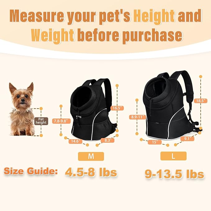 YUDODO Dog Front Carrier Backpack, Adjustable Breathable Pet Carrier for Small Dogs, Ventilated Puppy Back Pack with Safety Belt, Lightweight Doggy Backpack for Hiking Outdoor(Jet Black, L:9-13.5 lbs)