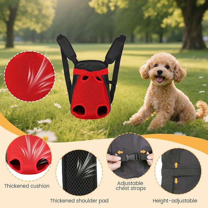 Inspack Dog Backpack Carrier/Cat Carrier, Adjustable Pet Front Carriers Travel Bag for Puppy Medium Dogs, Legs Out, Soft Ventilated Doggie Chest Carry Backpacks for Hiking/Camping, 2.5-4 lbs, Red