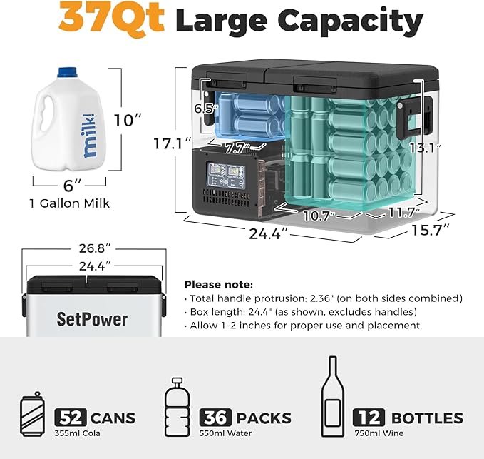 Setpower PT35 Car Refrigerator with AC Adapter,35L Dual Zone Portable Freezer,12 Volt Refrigerator Electric Cooler for Car camping, RV,Truck,Vehicles,Travel and Home Use,12/24V DC & 110/240V AC,0℉-50℉