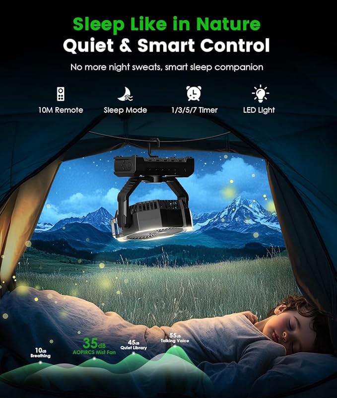 Camping Misting Fan - Portable Battery Powered Fans with 9oz Water Tank, Light, Hook - Rechargeable, 120H Cooling, Last 5H Mist, 4 Speed, Sleep Mode - Outdoor Fan, Travel Essentials