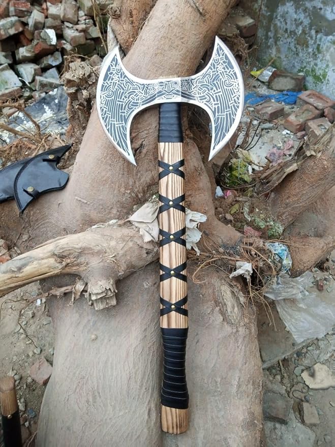 Hand-Forged Double Headed Viking Axe – 27" Odin's Carbon Steel Battle Hatchet with Leather Wrapped Wood Handle – Norse Style Throwing Axe for Camping, Collecting, Survival Gear, or Gifts.