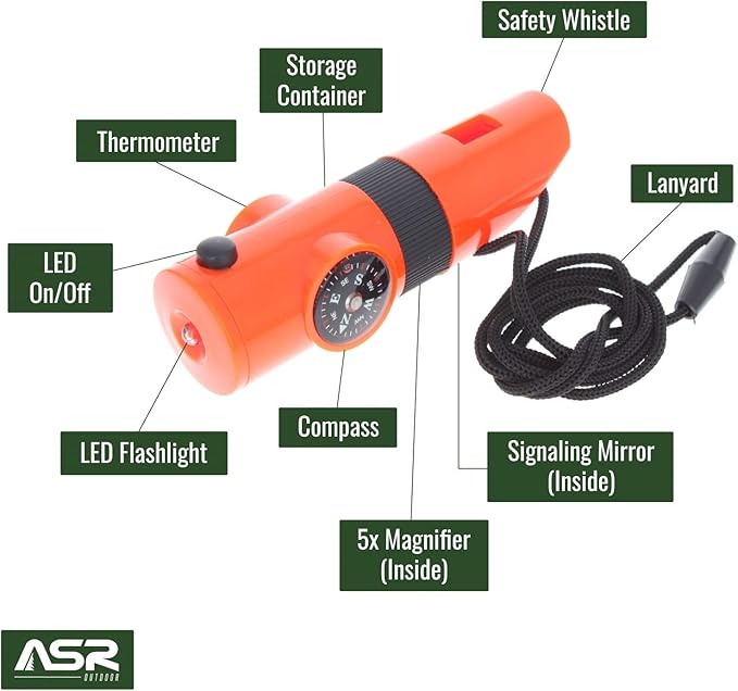 Kids Survival Outdoor Camping Multi Tool Whistle Compass LED 7 in 1 Flashlight