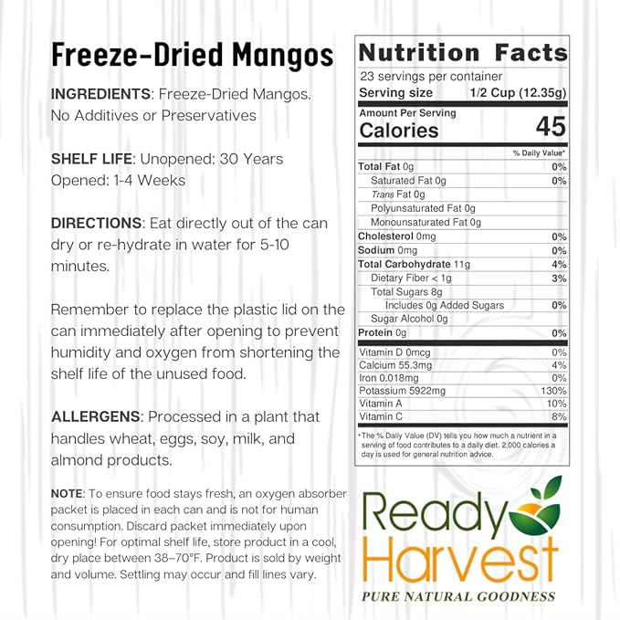 Ready Harvest Freeze Dried Food - Mango | Emergency Snacks | Fruit for Camping & Survival | #10 Can | 25-Year Shelf Life | Cans Filled to the Top