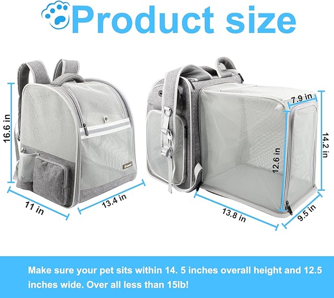 Texsens Cat Backpack Expandable Pet Carrier - Pet Backpack Carrier for Medium Cats and Small Dogs - Great for Travel, Hiking & Outdoor