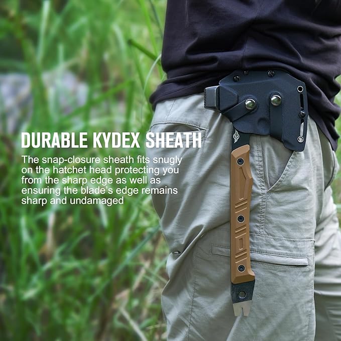 OKNIFE Otacle A1 Survival Hatchet & Camping Axe, 4 in 1 Full Tang Tactical Axe, G10 Non-Slip Grip Tomahawk with Durable Kydex Sheath