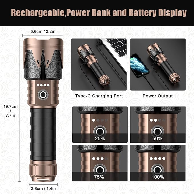 SKYFIRE LED Flashlights High Lumens,3000lm Super Bright Tactical Flashlights, Zoomable,Five Modes,Waterproof Flash Light for Camping Essentials,Outdoor,Home,Gifts(Upgraded- No Lens)