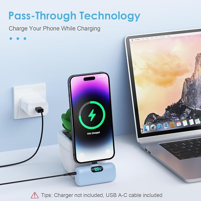 Mini Portable Charger for iPhone,Upgraded 5000mAh PD Fast Charging Battery Pack,LCD Display Cute Power Bank Portable Phone Charger for iPhone 14/14 Pro Max/13/13 Pro/12 Pro/11/XS/XR/X/8/7/6-Light Blue