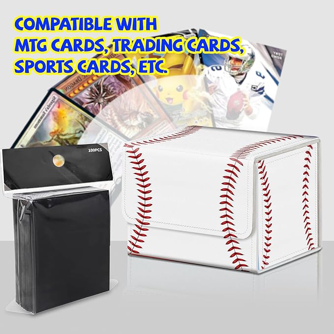 Card Deck Box Plus 100 Counts Black Card Sleeves, American Football for Collectible MTG TCG CCG Card Storage Box Horizontal Holds 100+ Single Sleeved Cards, Magic Game Cards Organizer
