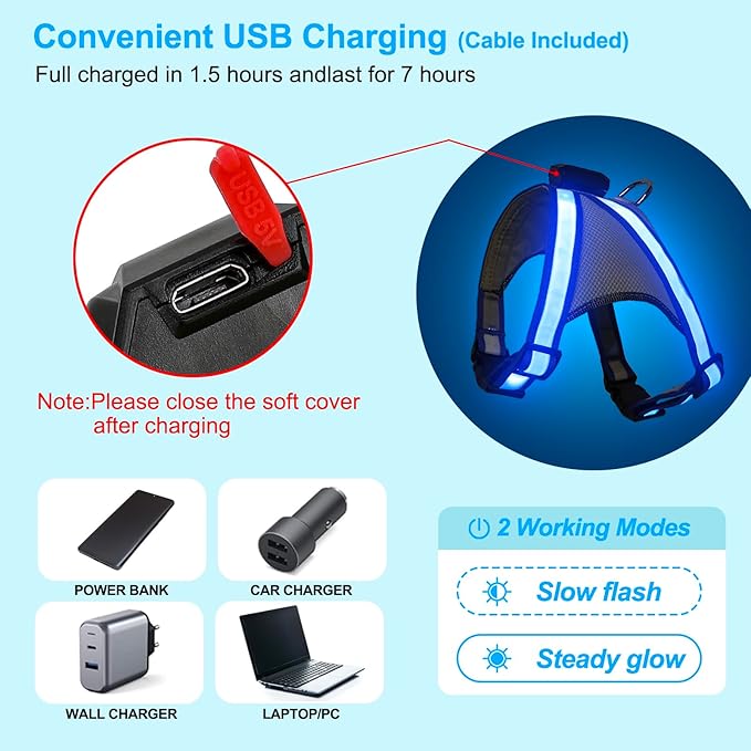 Visinite LED Dog Harness, USB Rechargeable Light Up Dog Vest, 2 Illuminate Modes Glow in The Dark Dog Harness, Adjustable Lighted Pet Harness Light for Night Walking Safety(Blue, M)
