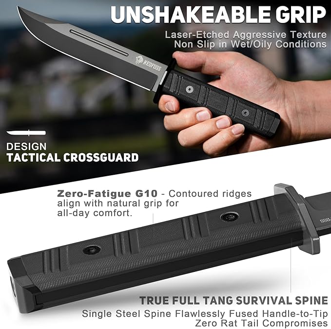 NedFoss BRAVE Fixed Blade Hunting Knife, 6.8" D2 Steel Blade Full Tang Camping Knife with Kydex Sheath, Black G10 Handle, Perfect Outdoor Gifts for Men Women