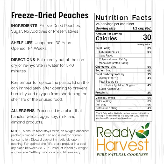 Ready Harvest Freeze Dried Food - Peaches | Gluten-Free Snacks | Emergency Fruit | #10 Can | 25-Year Shelf Life | Cans Filled to the Top