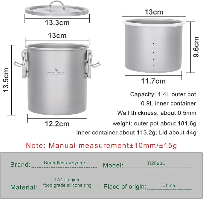 Boundless Voyage Titanium Rice Cooker Camping Cooking Pot Ultralight Camping Cookware Set for Kitchen, Hiking, Picnic, Travel Ti-2093