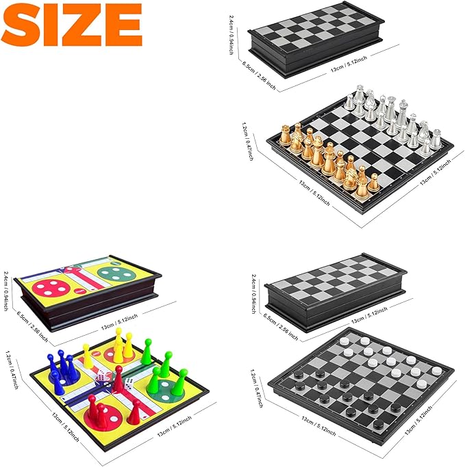 3 in 1 Magnetic Chess Set - 6.69" Portable Folding Board with Chess, Checker, Ludo Games | No Stress Travel Essentials for Beginners & Professionals, Indoor Outdoor Use