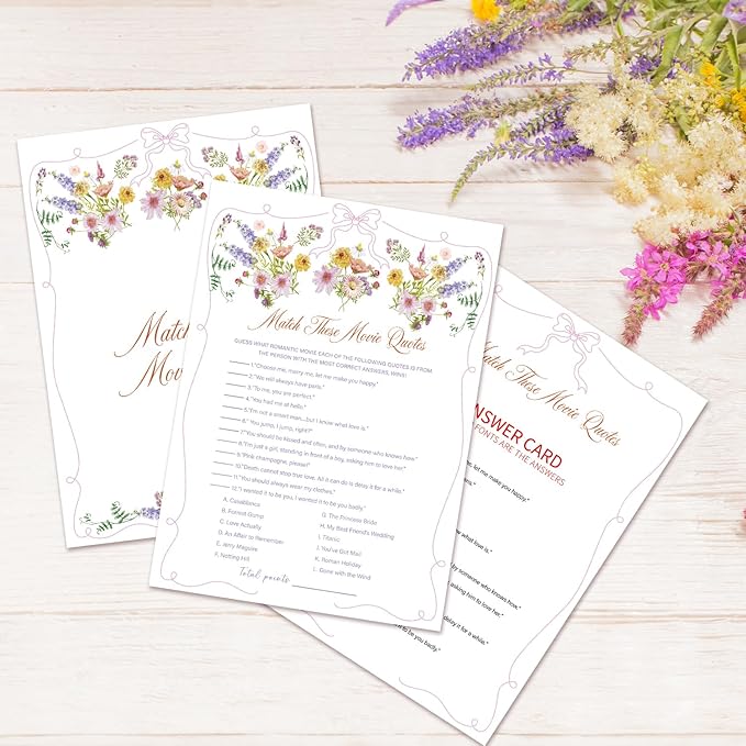 Match These Movie Quotes Bridal Shower Games, Wildflowers Pink Bow Games Card for Wedding Reception, Bridal Shower, Engagement, Bachelorette Party Activity Decorations (25 Pack) -A03