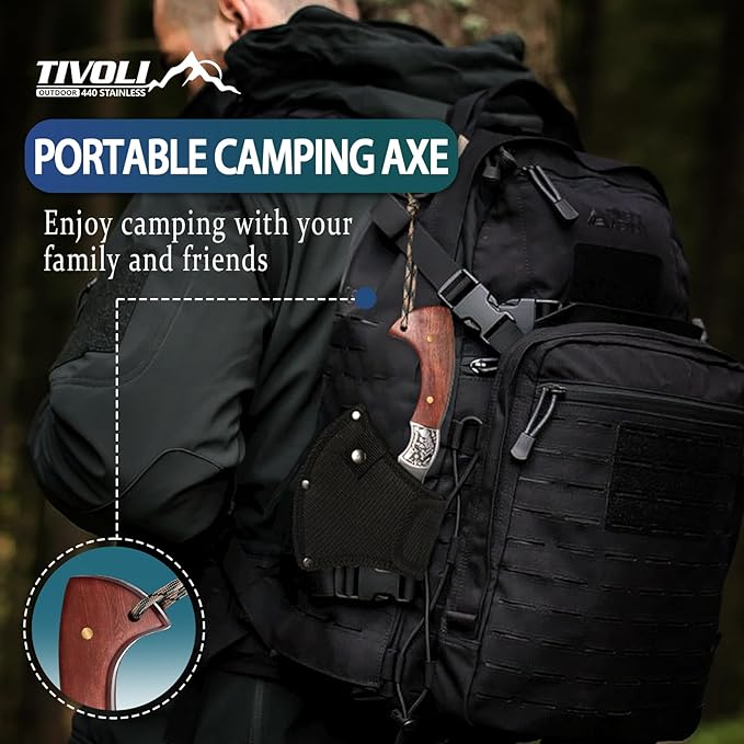 TIVOLI 8.86" Camping Axe, Survival Hatchet with Hex Wrench Slots, High Carbon Steel Blade Outdoor Bushcraft Axe with Nylon Sheath, Ergonomic Wood Grip Camping Gear for Hiking, Chopping, Hunting