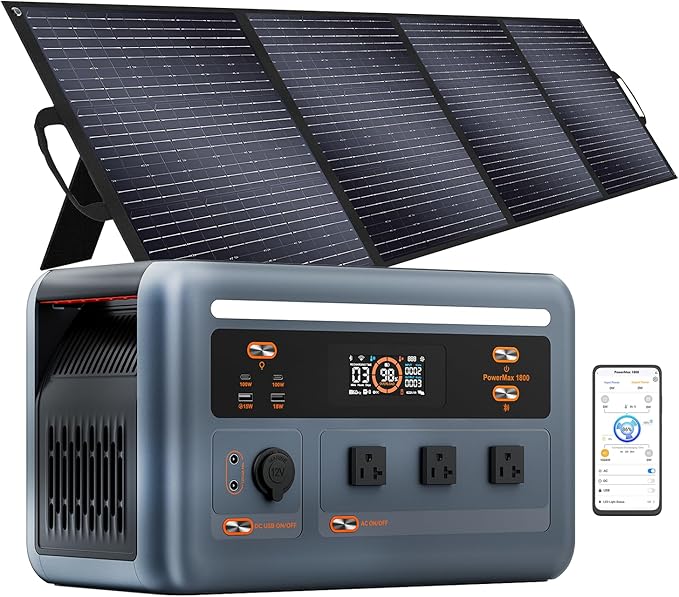 OSCAL Solar Generator with 200W Solar Panel PowerMax 1800 (2025 New), 1024Wh LiFePO4 Battery Generator with 3 AC Outlets (3200W Surge), 700W AC Charging, APP Control Power Station for Home Backup