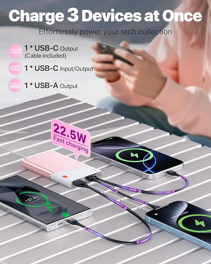 Portable Charger Power Bank, 10000mAh 22.5W PD Super Fast Charging Powerbank with Built-in USB C in&Out Cable, Slim External Phone Battery Pack for iPhone 17/16/15 iPad Samsung S24 Android etc