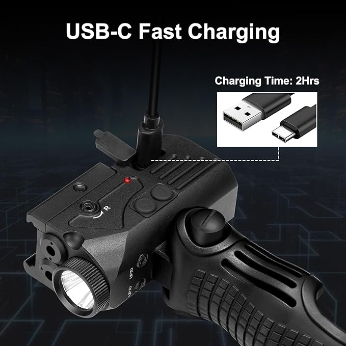 1200LM Rechargeable Flashlight with Green & Blue Laser, 5 Light Modes & Strobe, 3 in 1 Laser Flashlight Combo with Strobe Sight, LED Power Indicator for Outdoor, Emergency, Camping