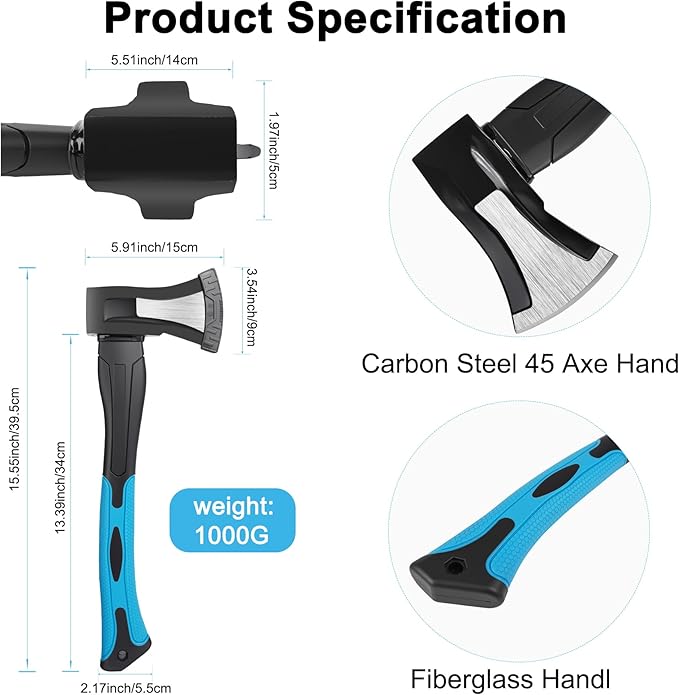 Splitting Axe, 14” Camping Outdoor Hatchet for Wood Splitting and Kindling, Forged Carbon Steel Heat Treated Hand Maul Tool, Fiberglass Shock Reduction Handle, Blue