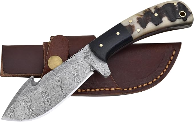 Knives Ranch Handmade Damascus Steel Gut-Hook Skinning Knife ??8.5" Full Tang Fixed Blade Outdoor Knife with Ram?™s Horn Handle & Heavy-Duty Leather Sheath ??Hunting, Bushcraft, Camping, Survival, Cowboy Ranch (2048-RH)