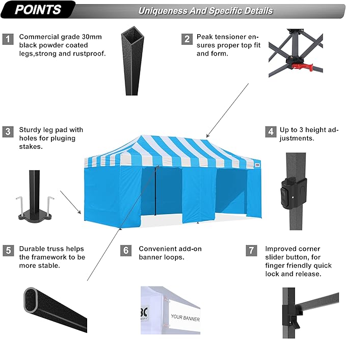 ABCCANOPY Heavy Duty Easy Pop up Canopy Tent with Sidewalls 10x20,Strip SkyBlue