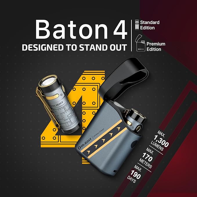 OLIGHT Baton4 Premium Edition EDC Flashlight 1300 Lumens with Type-C Charging Case, Powered by Rechargeable Battery, Small LED Light IPX8 Waterproof for Camping (Fighter Pilot)