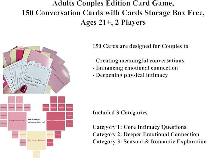 Adults Couples Edition Card Game for Date Nights, Game Nights, Road Trips, 150 Conversation Cards for Couples with Cards Storage Box Free, 2 Players