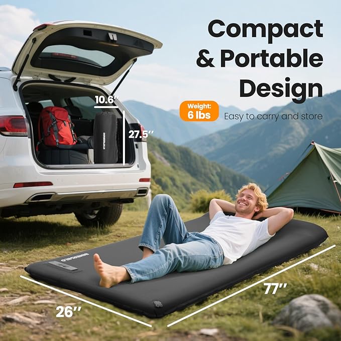Camping Sleeping Pad with Electric Pump, 3.15" Thick Self Inflating Memory Foam Camping Mattress Pad with Pillow, 4-Season Portable Camp Sleeping Mat for Travel,Car,Tent,Home-Grey