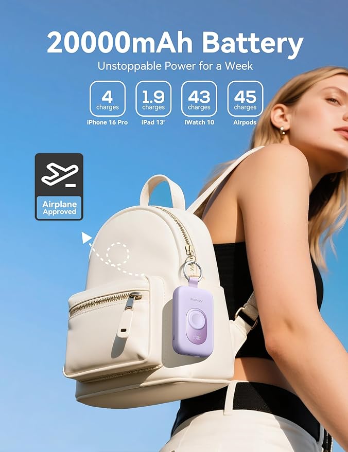 RORRY Portable Charger, 20000mAh PD 30W Portable Charger Power Bank with 2 Built-in Cables, Super Fast Charging Battery Pack with Keychain, Travel Essentials for iPhone, Apple Watch, iPad, Purple