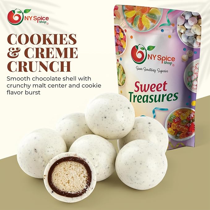 NY Spice Shop Cookies & Creme Chocolate Malt Balls Party Decorations - 1 Pound Malted Milk Ball Candy Birthday Gifts - Chocolates Malted Milk Balls - Dark Chocolate Malt Ball Holiday Snacks