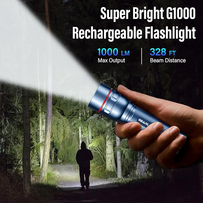 Rechargeable Flashlights High Lumens, G1000 Super Bright Flash Light, Small Zoomable LED Flashlight with 3 Lighting Modes, Portable Tactical Flashlight for Camping Essentials (Battery Included)-Blue