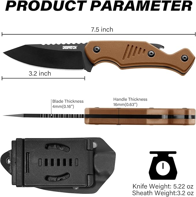 Fixed Blade Knife with Kydex Sheath and Bottle Opener, 3.2" 8Cr13Mov Blade Full Tang EDC Knife with Ergonomic G10 Handle, Small Horizontal & Scount Carry Knives for Survival Camping Hunting Outdoor Activities