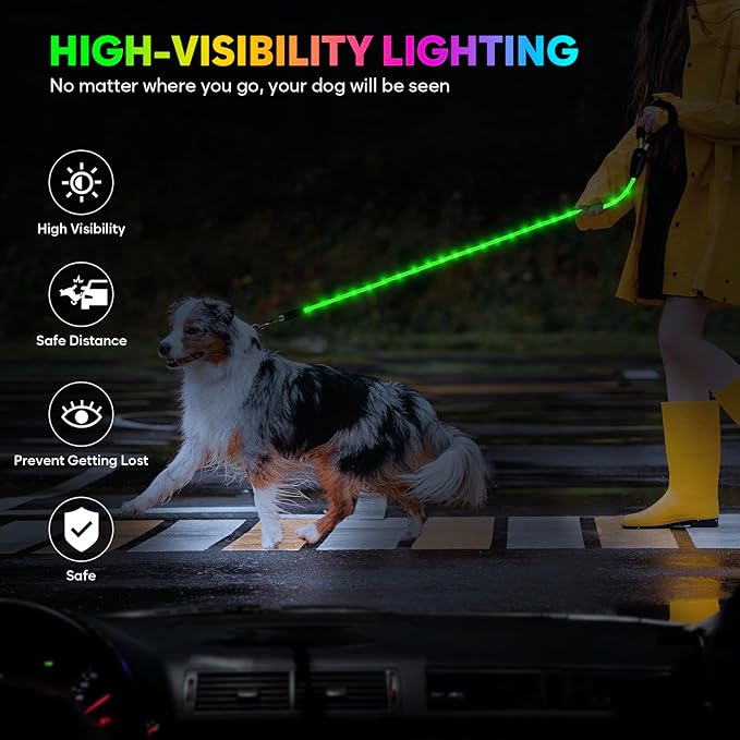 YFbrite Waterproof Light up Dog Leash with 15 Flashing Modes - Super Bright LED Dog Leash for Small Medium Large Dogs - Type-c Rechargeable Dogs Leashes Light (Multi-Color, 4FT (120cm))