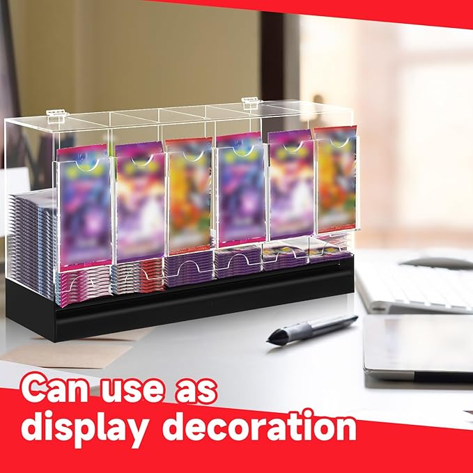 1 Pcs Acrylic Booster Pack Dispenser, Card Dispenser Storage and Organizer, for Trading Card, Booster Packs, Sports & More (Black Base 6 Slots)