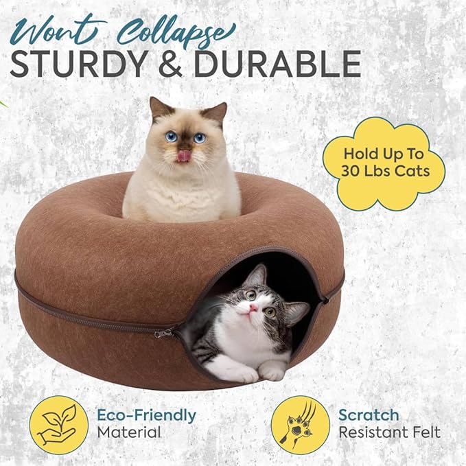 Laluz 2021 Large Cat Tunnel Bed for Indoor Cats Up to 30 Lbs Peekaboo Donut Cave with Catnip and Plush Toys Scratch Resistant Felt Design Detachable and Washable Cat Tunnel (Chocolate, L)
