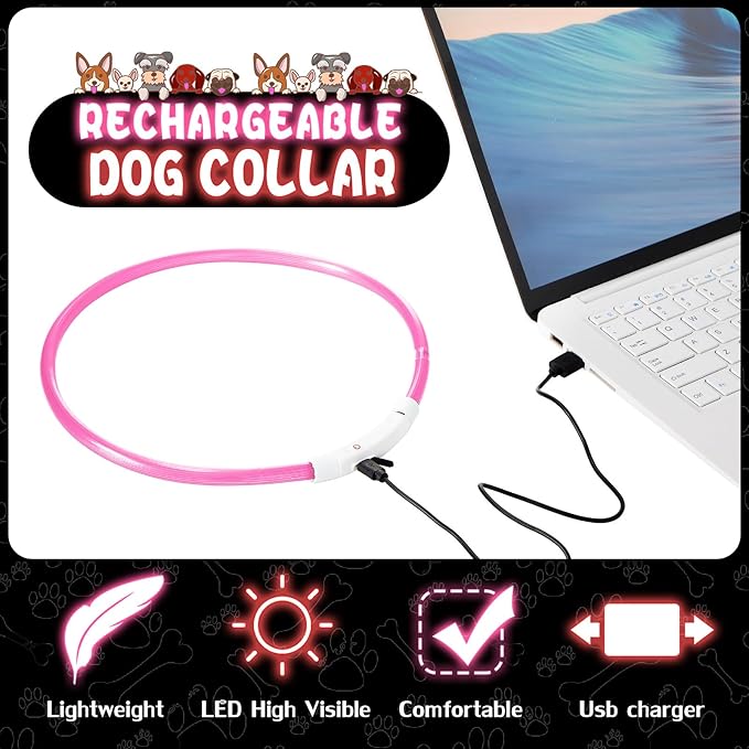 Frienda 4 Pcs Dog Collar LED USB Rechargeable Lights Dog Necklace Collars Doggy Lights for Night Walking Adjustable Safety Lamp Pet Collars for Large Medium Small Puppy(Classic Style,Rose Red, Red)