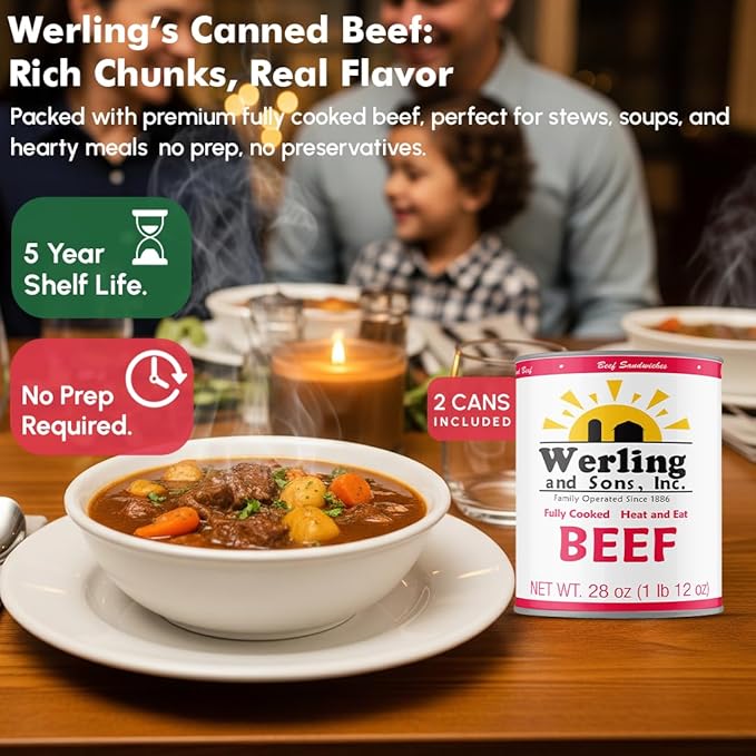 Werling & Sons Canned Meat Variety Pack 28 oz – Fully Cooked & Ready to Eat | 2 Hamburger, 2 Chicken, 2 Beef | Shelf-Stable Emergency Canned Food for Pantry Staples, Long-Term Storage, Camping & Quick Meals | Pack of 6