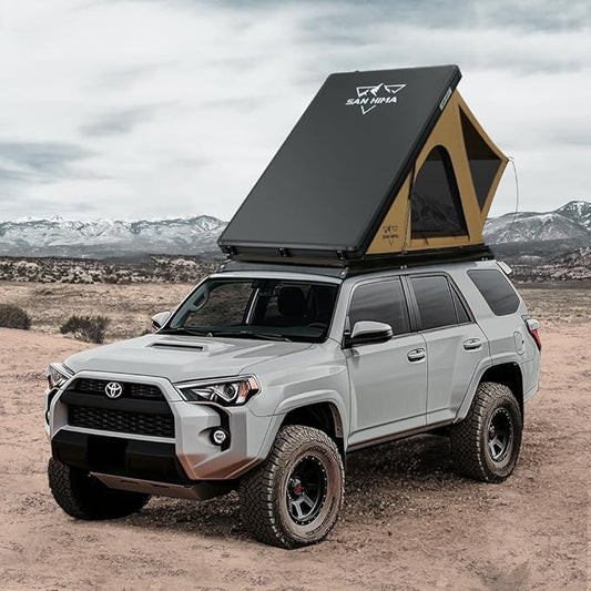 Sanhima Rooftop Tent Hard Shell - Hotham Lite Overland Aluminium Roof Top Tent 4.56" Slimline, w/Tri-Color LED Strip Light & 1.97” Thick Mattress, for Car SUV Truck Camping, 2-3 People