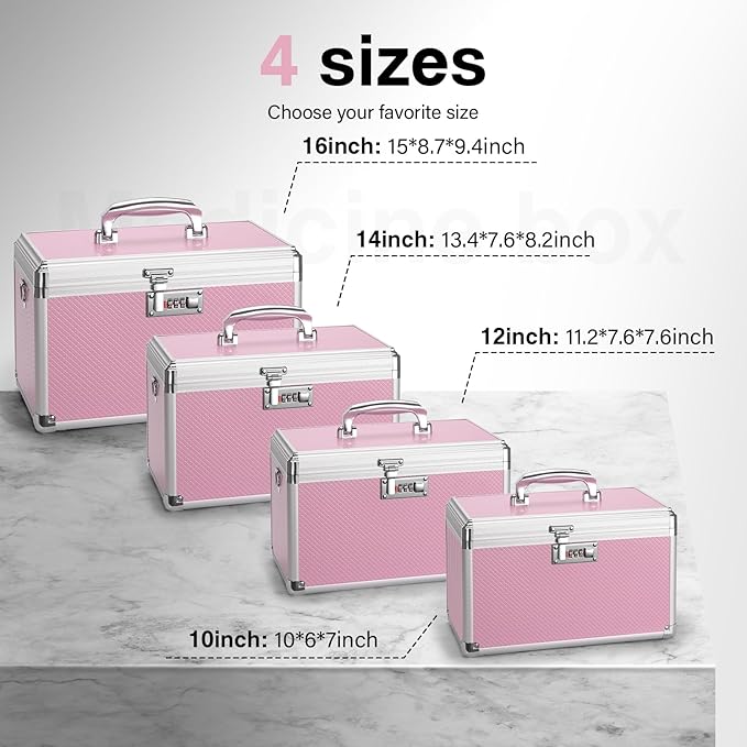 Medicine Lock Box with Combination Lock - 15 x 8.7 x 9.4 Inches - First Aid Safe Medication Storage Box, Personal Items Safe Case for Home and Outdoor - Pink