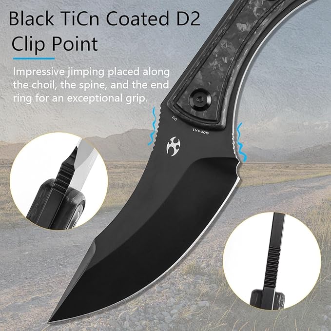 KANSEPT Niko Fixed blade Knife with Sheath, 3.54'' Black TiCn Coated D2 Blade and Carbon Fiber with Frag Pattern Handle, Adjustable Kydex Sheath for EDC, Fixed Knifes for Camping Hiking Fishing G004A1