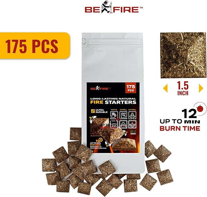 Fire Starter โข 175 pcs Natural Fire Starters up to 12 Min Burn Time Firestarters for Indoor Fireplace, Campfires & Camping, Wood Stove, Grill