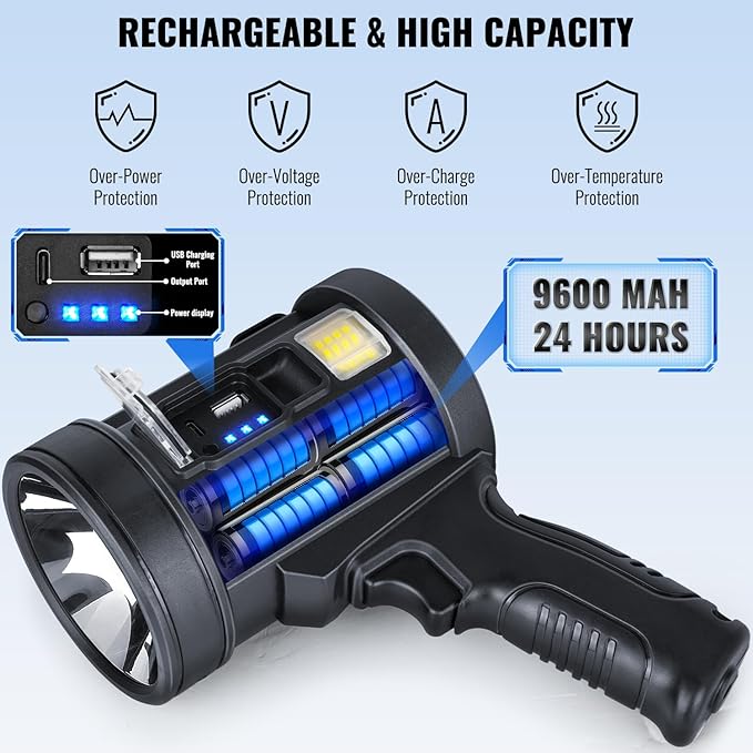 Rechargeable Spotlight Flashlight, 99,000 Lumens Spot Light Handheld Spot Lights, LED Spotlights with COB Light,Super Bright Hand Held Spotlight for Boat