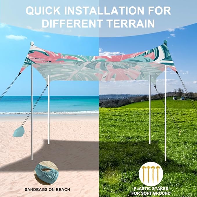 YUKIHOME Beach Tent Sun Shade Canopy Tent, UPF 50+ Camping Beach Sun Shelter 10 x 10ft 4 Pole, Lightweight, Easy Set Up and Carry