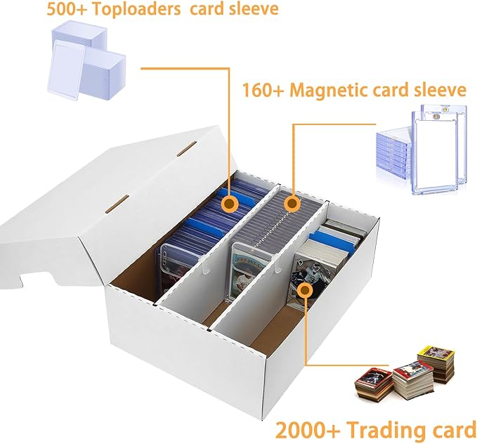 3 Row Trading Card Storage Box – Holds 2400 Cards, Fits Toploaders & Magnetic Cases, Includes 100 Sleeves, 16 Dividers & 6 Supports – Sport Card Organizer