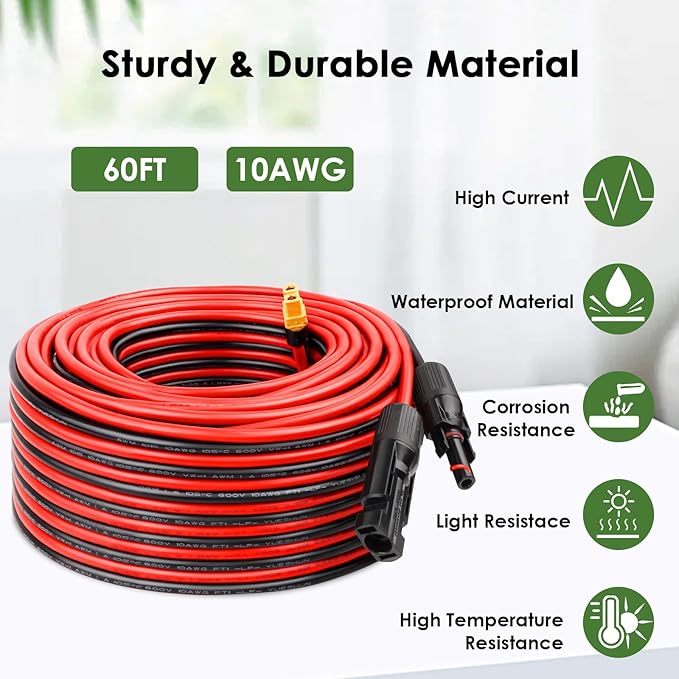 Solar to XT60 Extension Cable 10AWG 60FT Solar Connector to XT60 Adapter Cable for Solar Panel to Portable Power Station Solar Generator Battery Pack