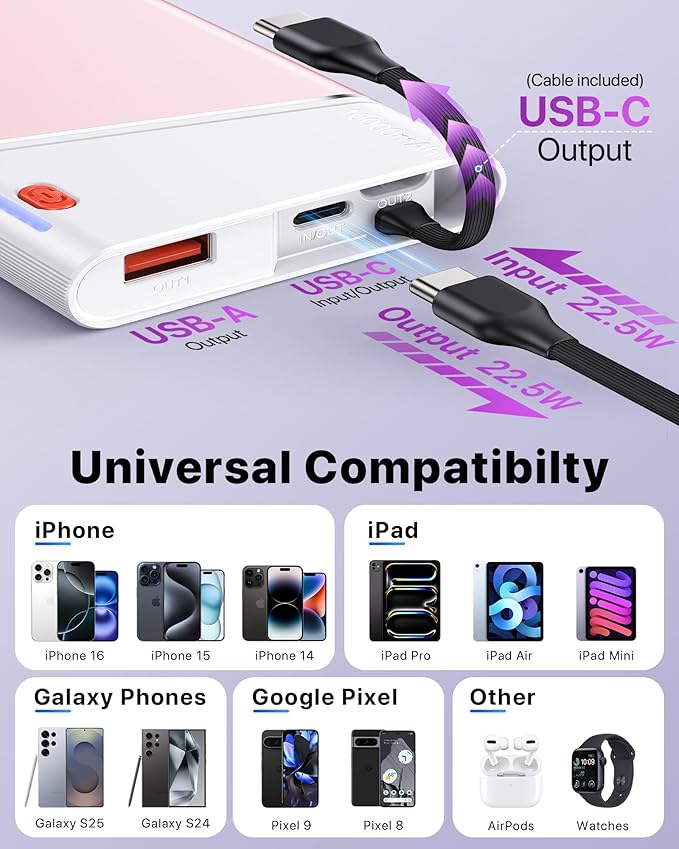 Portable Charger Power Bank, 10000mAh 22.5W PD Super Fast Charging Powerbank with Built-in USB C in&Out Cable, Slim External Phone Battery Pack for iPhone 17/16/15 iPad Samsung S24 Android etc