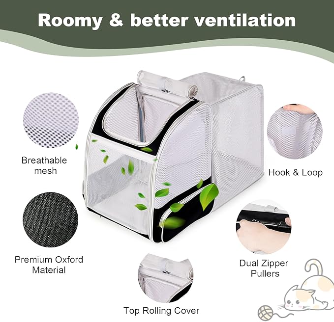 halinfer Backpack to Carry Cat and Small Puppy up to 16 Pounds, Breathable Pet Carrier to Transport Kitten Rabbit to Vet Visit Bag, Airline Approved Collapsible Expandable Black